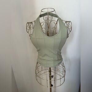 American Eagle Ribbed Halter Top Open Back V Neck Size XS Green